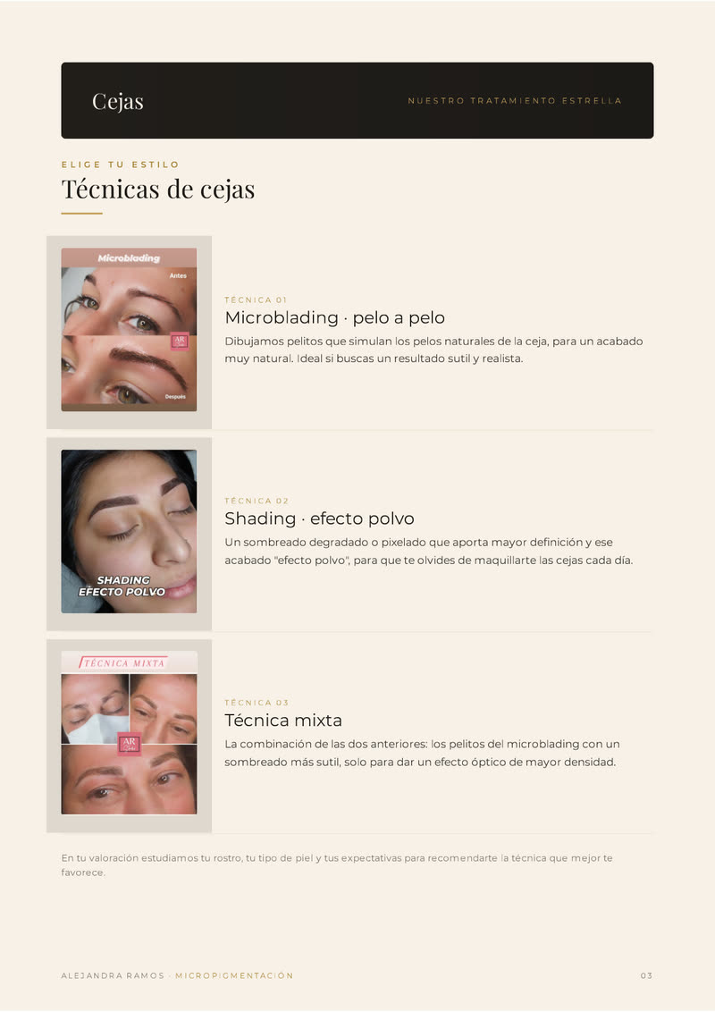 Página interior con las técnicas de cejas